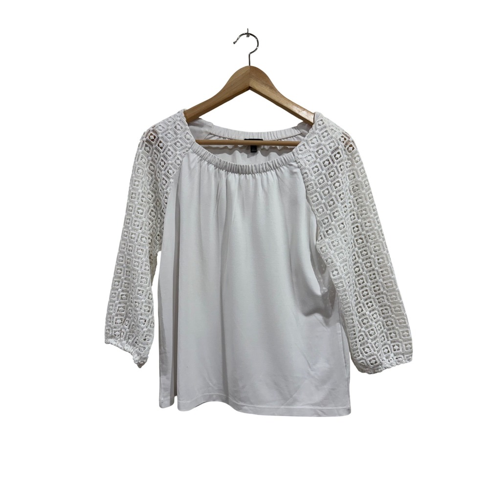 Talbots Petite White Eyelet Lace Sleeve Knit Blouse Top Minimalist Capsule MP